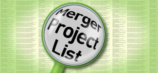 Lots of small text with magnifying glass showing words "Merger project list"