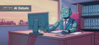 Robot working on desktop computer