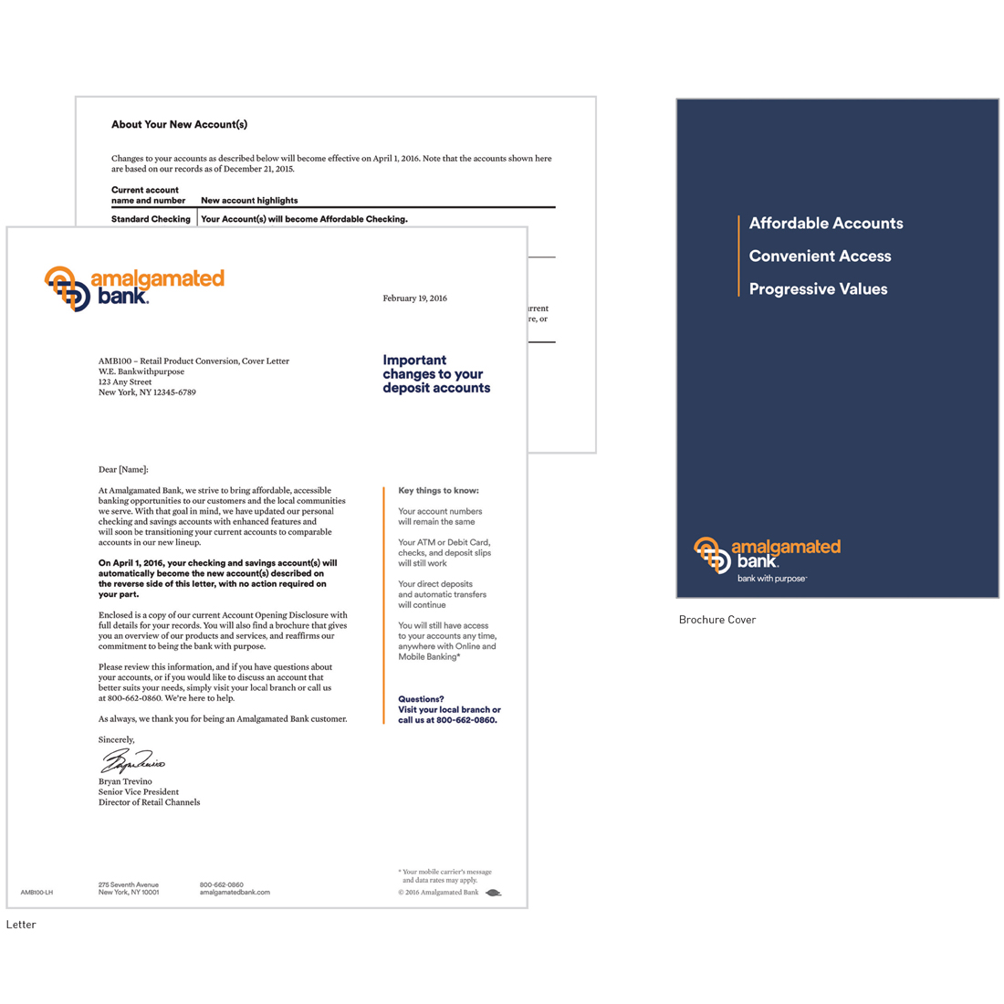 Amalgamated Bank product conversion brochure and letter with account changes