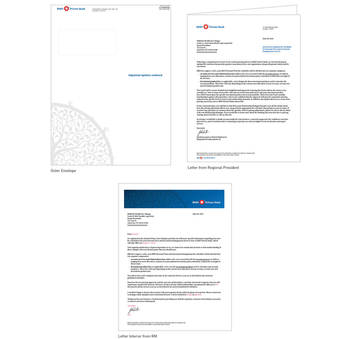 BMO Private Bank outer envelope, letter from Regional President, and letter from Relationship Manager