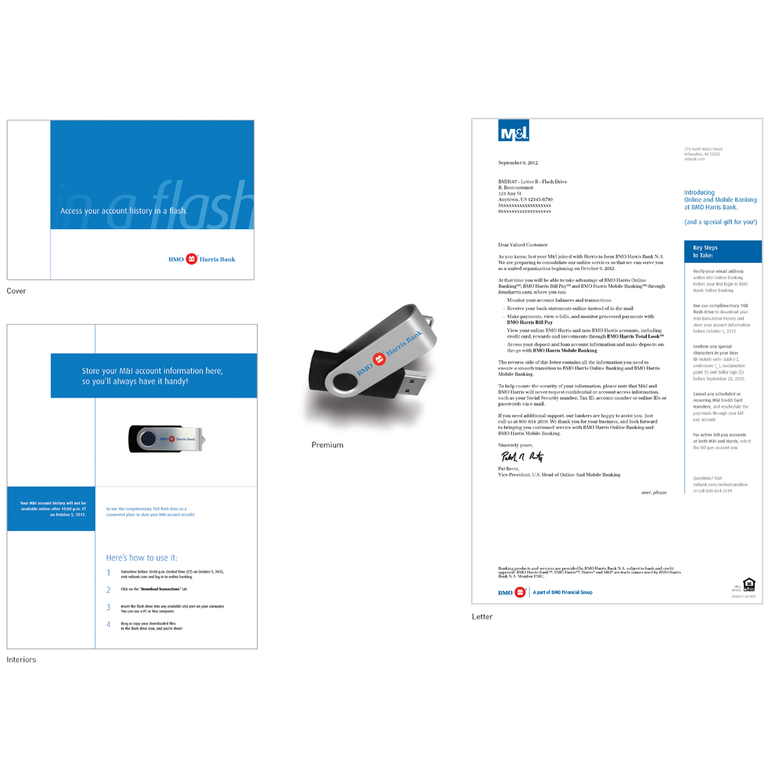 BMO Harris Bank online banking letter, cover, interior, and usb flash drive