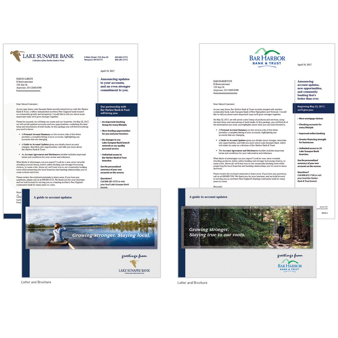 Lake Sunapee Bank letter and brochure next to Bar Harbor Bank letter and brochure