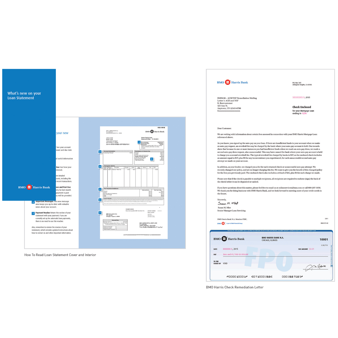 BMO Harris Bank "how to read loan statement" instructions and check remediation letter