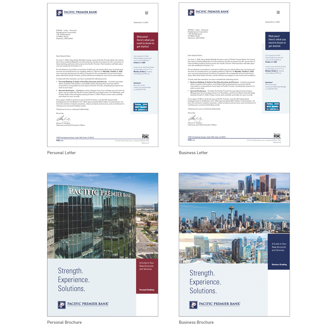 Pacific Premier Bank main conversion personal brochure, personal letter, business brochure, and business letter