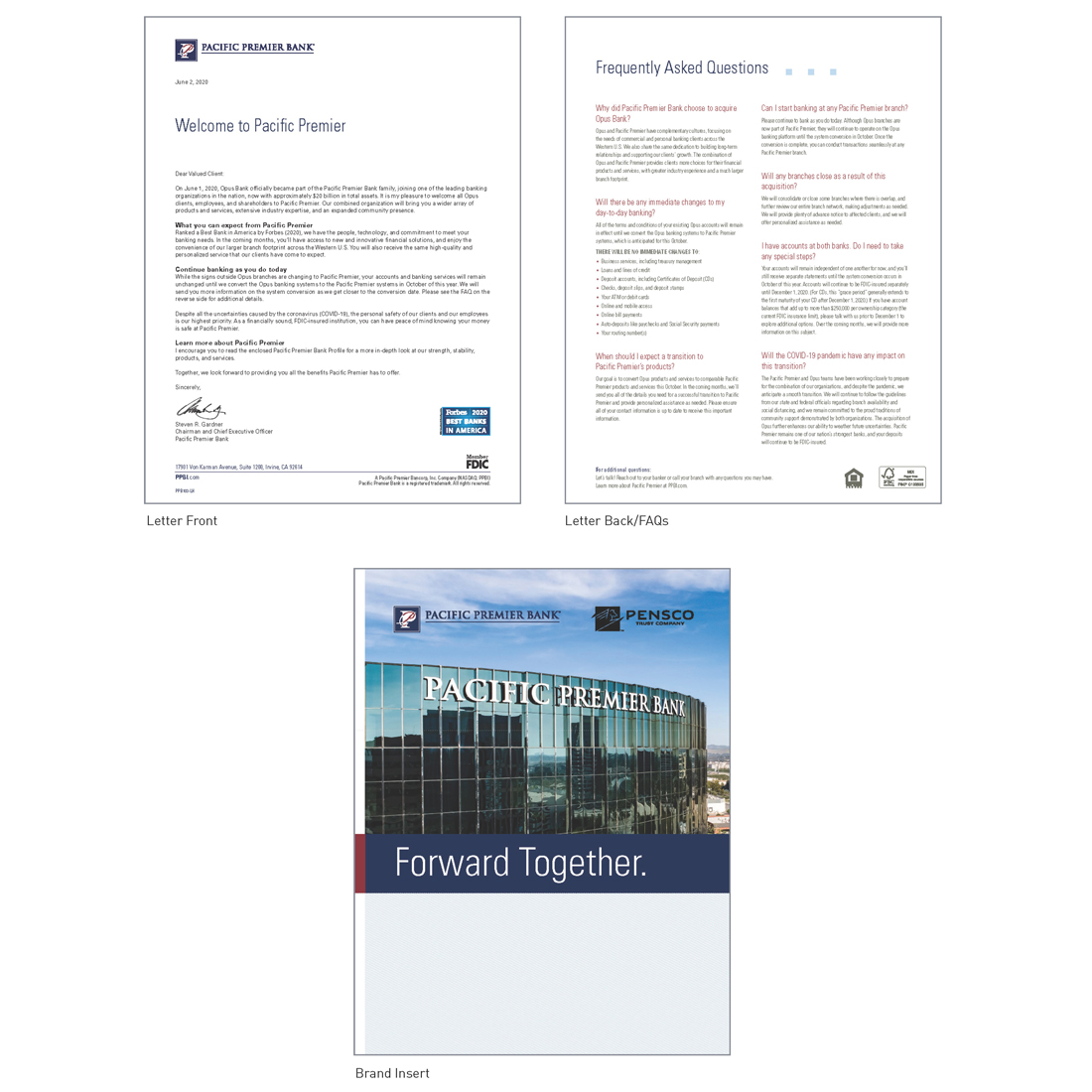 Pacific Premier Bank legal day one letter front, FAQs, and brand insert