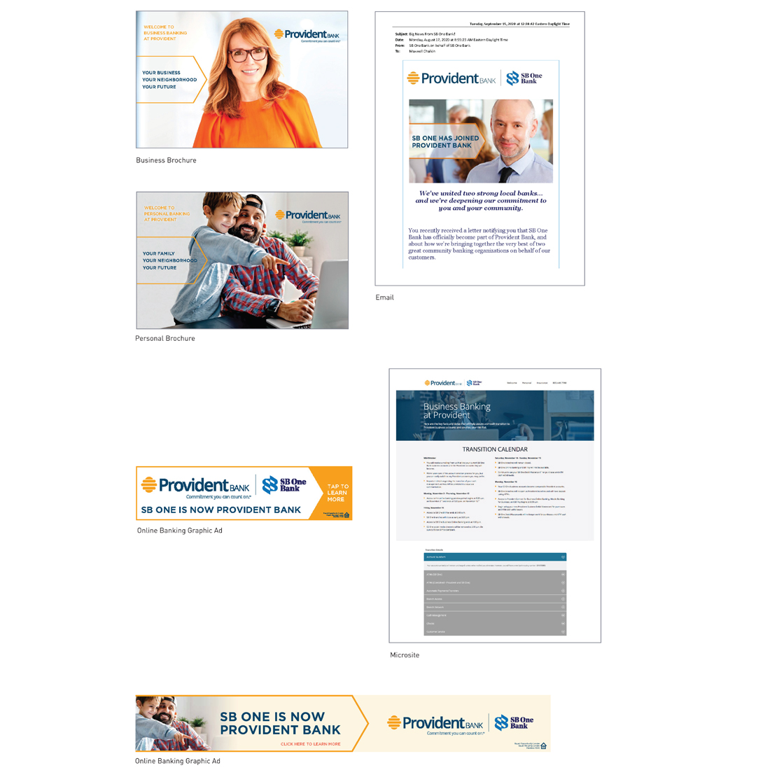Provident Bank merger personal and business brochure covers, email, microsite, and digital ads