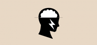 Sillouhette of person's head with cloud and lightning bolt to indicate brainstorming
