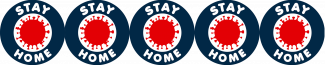 Circle with words "stay home" around red COVID virus