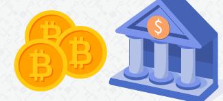 Bitcoins and a bank side by side